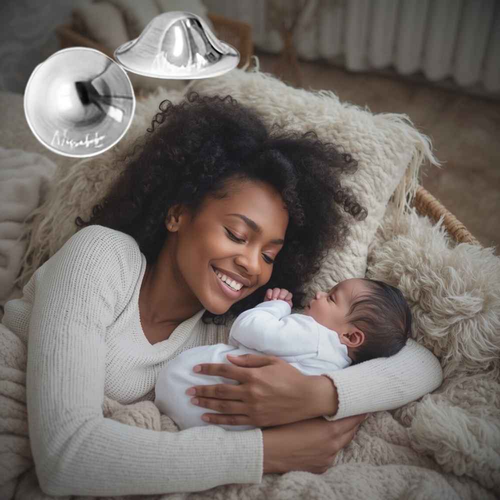 Silver-plated nursing cup with silicone ring placed discreetly inside a nursing mom's soft nursing bra - Available from Senso-Blanky