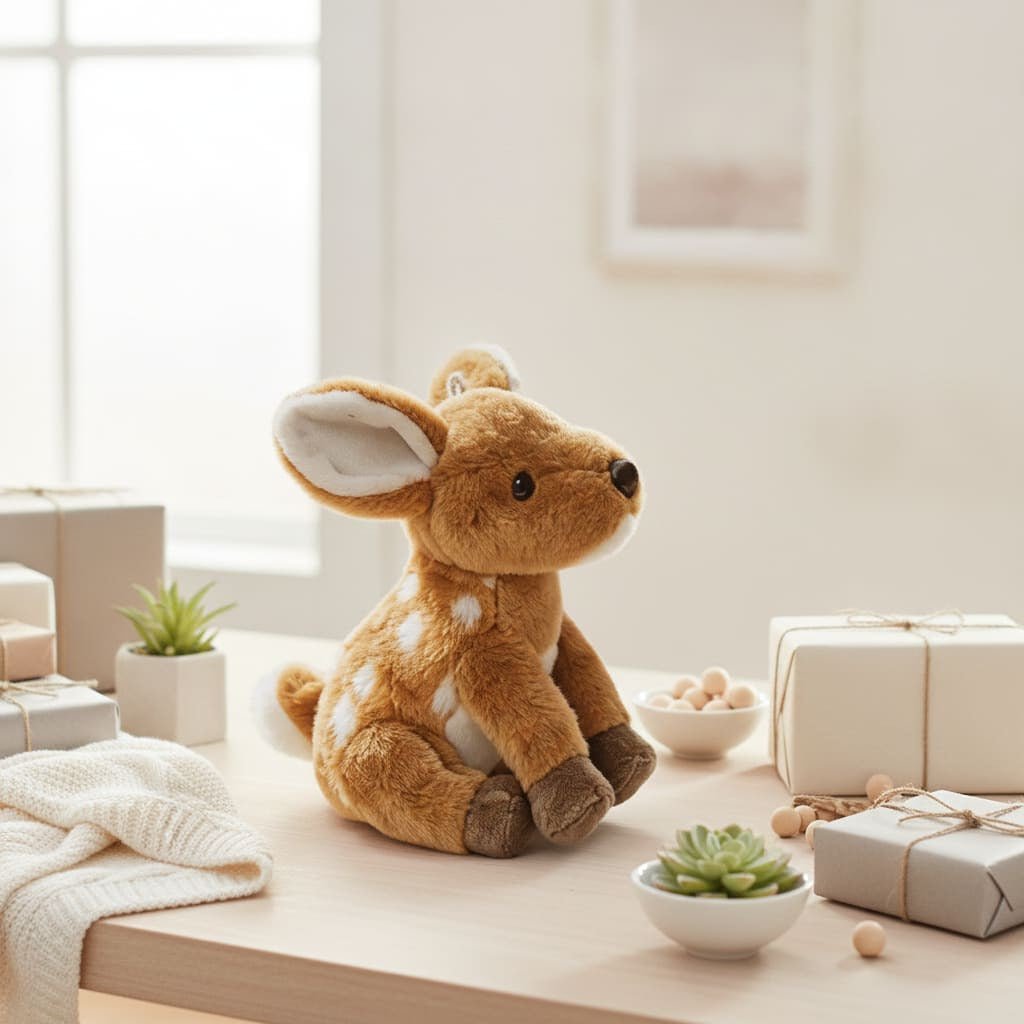Soft Mini Plush deer displayed on Baby Shower gift Table - Available from Senso-Blanky