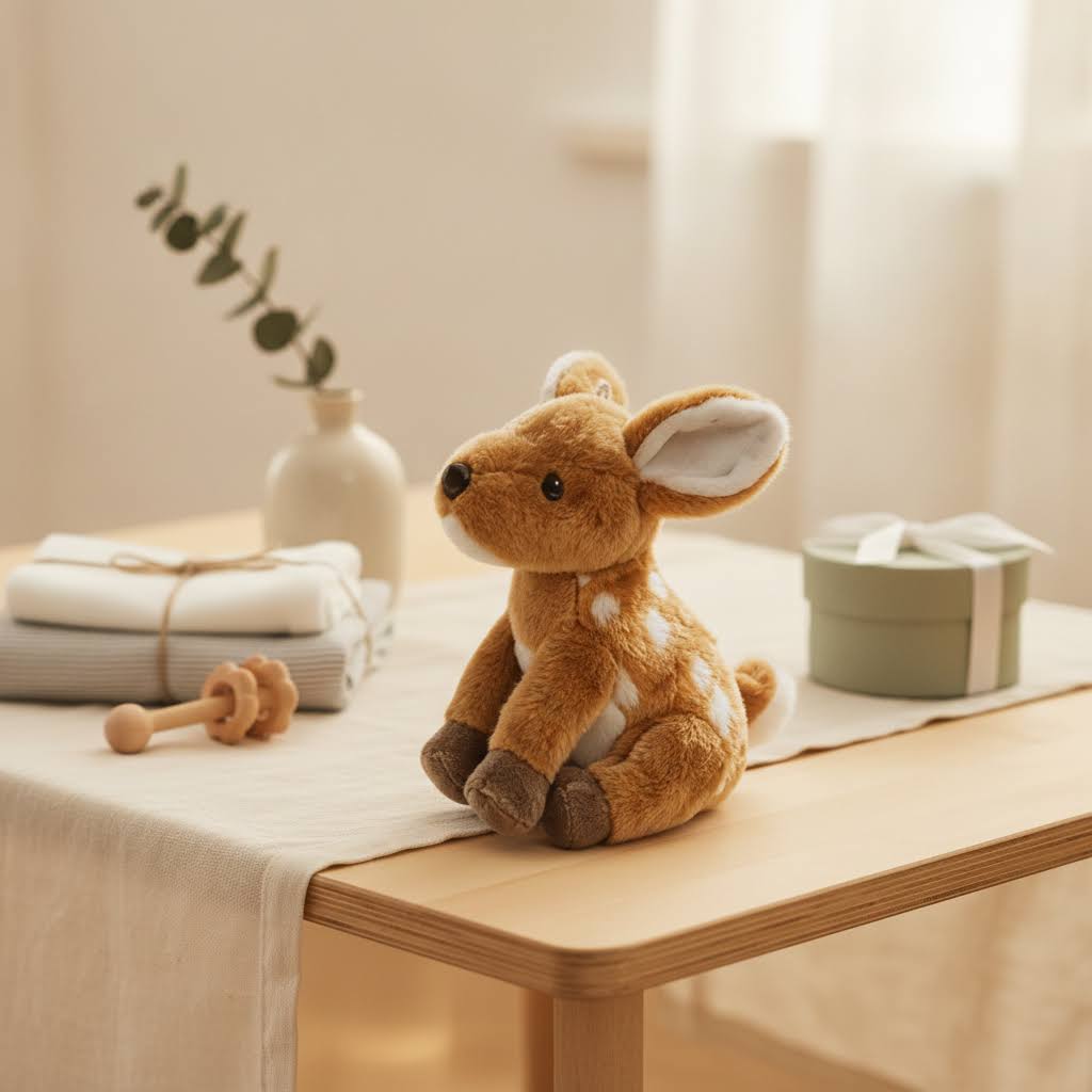 Soft Mini Plush deer displayed on Baby Shower gifting Table - Available from Senso-Blanky
