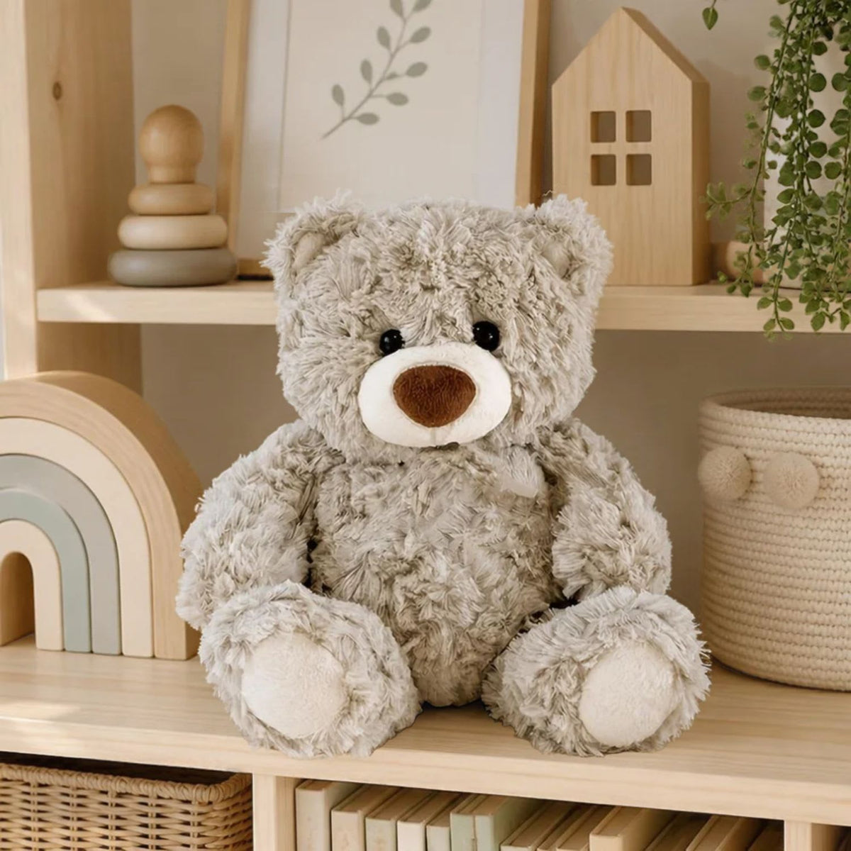 Soft Plush Teddy Bear in Biscuit Brown with height of 31cm resting on nursery shelf, available from Senso-Blanky