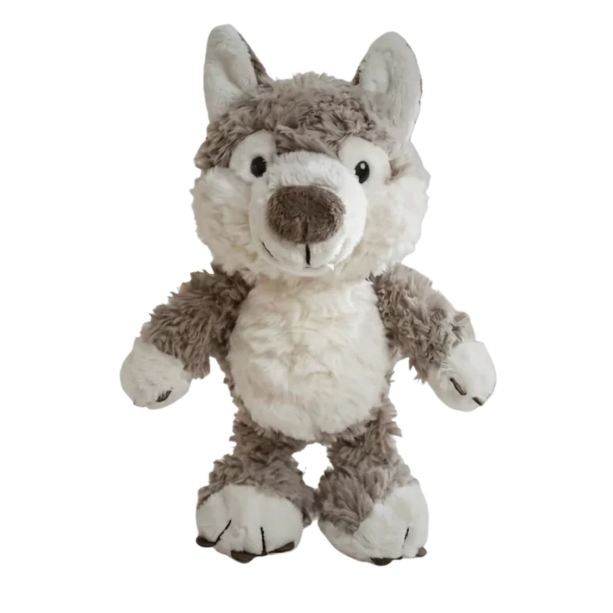 17cm soft plush wolf toy in fluffy grey and white sitting upright on a clean background, available from Senso-Blanky