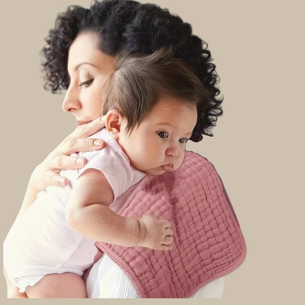 Lifestyle shot showing the functional 25x45cm rectangular shape providing clean protection during infant feeding available from Senso-Blanky