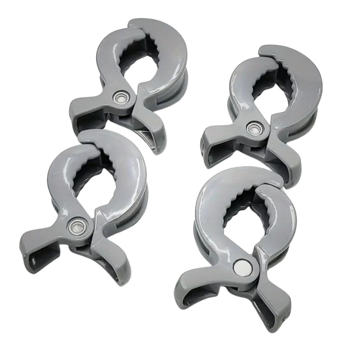 4-pack universal stroller blanket clips in durable ABS grey plastic for pram canopies available from Senso-Blanky