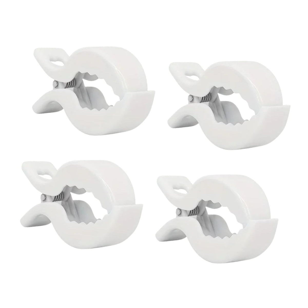 4-pack universal stroller blanket clips in durable ABS white plastic for pram canopies available from Senso-Blanky