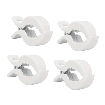 4-pack universal stroller blanket clips in durable ABS white plastic for pram canopies available from Senso-Blanky