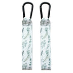 Close-up of durable 2-pack Green Leaves printed adjustable Velcro strap and heavy-duty metal carabiner clip - Available from Senso-Blanky