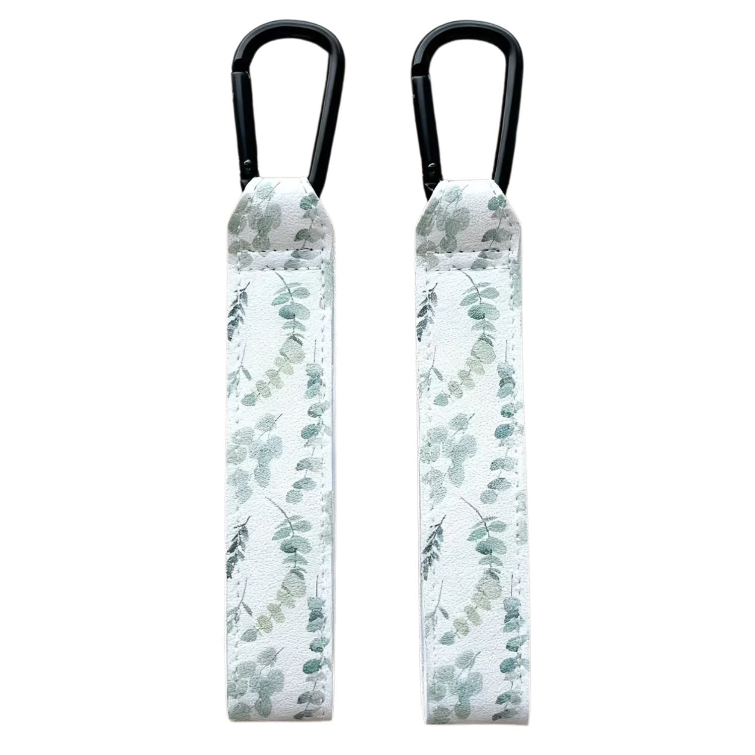 Close-up of durable 2-pack Green Leaves printed adjustable Velcro strap and heavy-duty metal carabiner clip - Available from Senso-Blanky