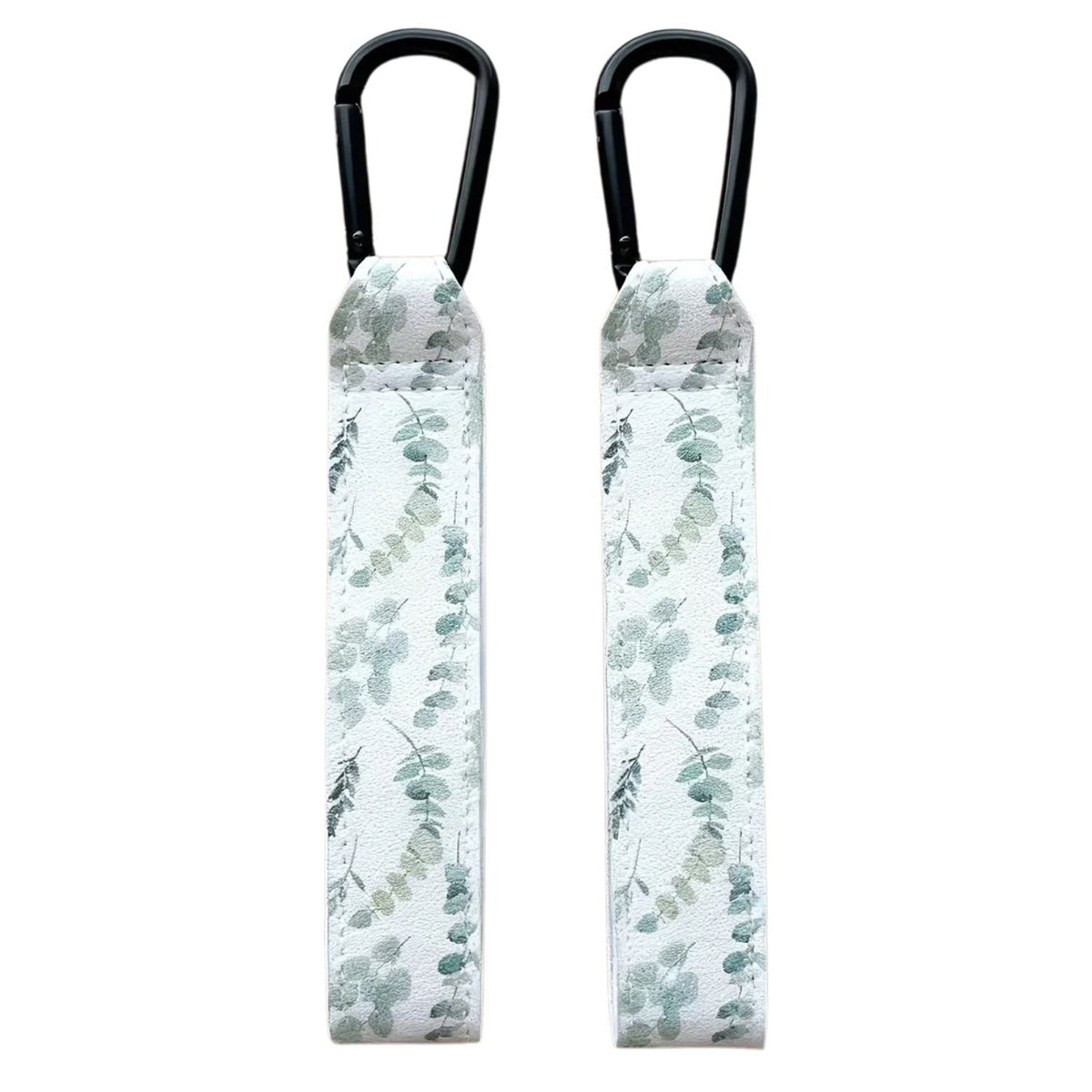 Close-up of durable 2-pack Green Leaves printed adjustable Velcro strap and heavy-duty metal carabineer clip - Senso-Blanky